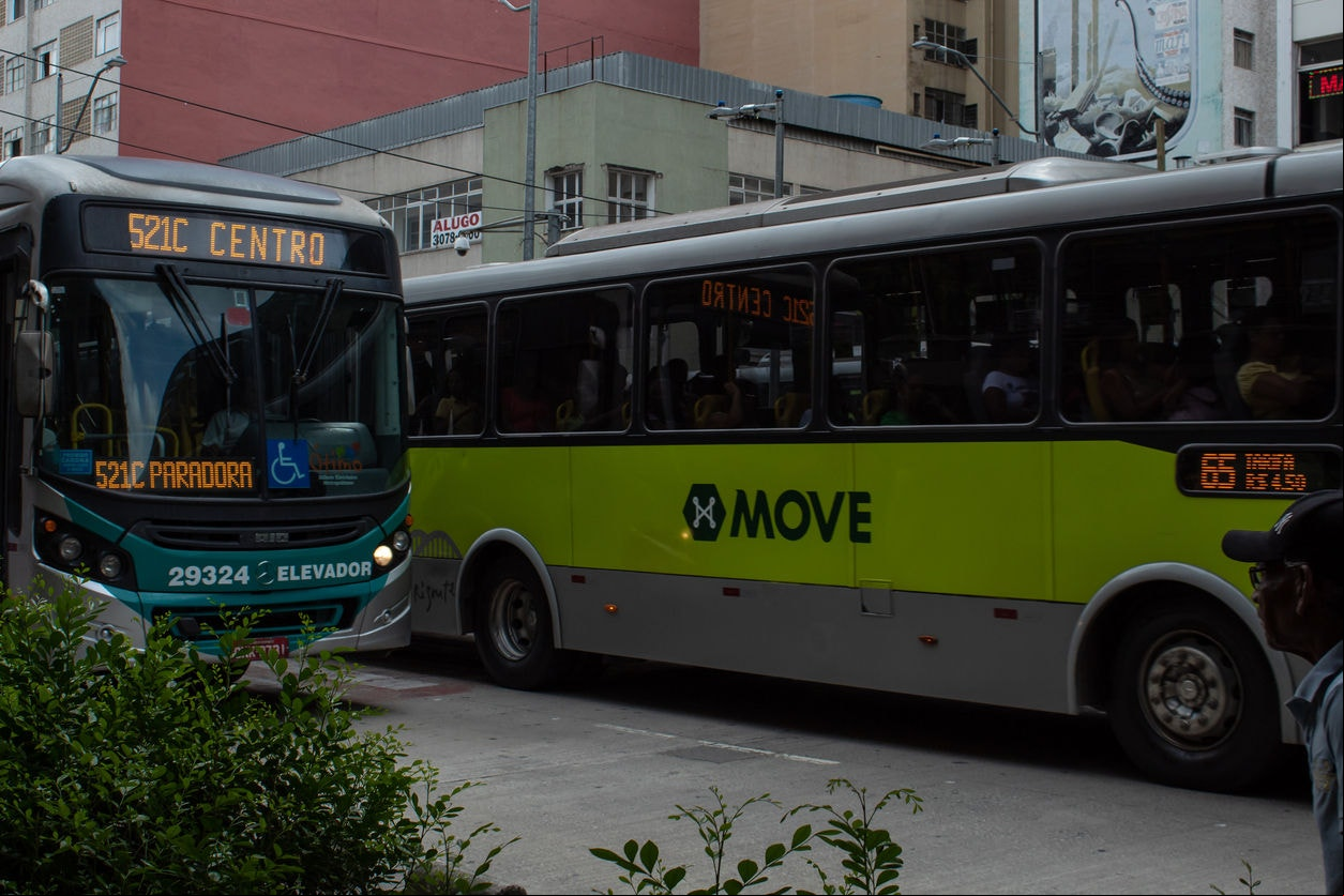 Buses of the MOVE system on January 11, 2019, in a street in downtown Belo Horizonte, state of Minas Gerais, Brazil